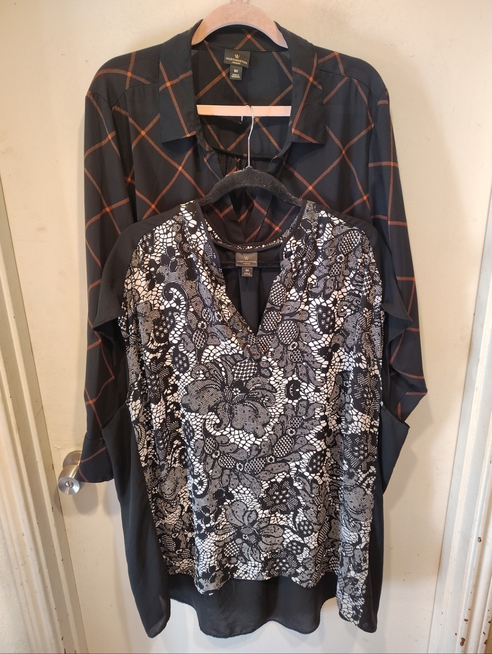 Worthington Lot Of 2 Women's Black Print Chiffon Tops Sz 3X Career Casual Travel